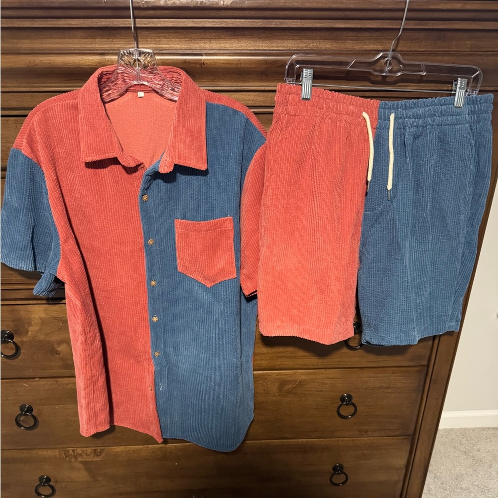 Red and Blue Corduroy Shirt and Shorts Set